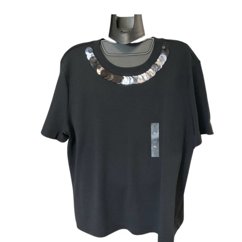 ON-34 th Deep Black Sequin-Trim Crew Neck Top